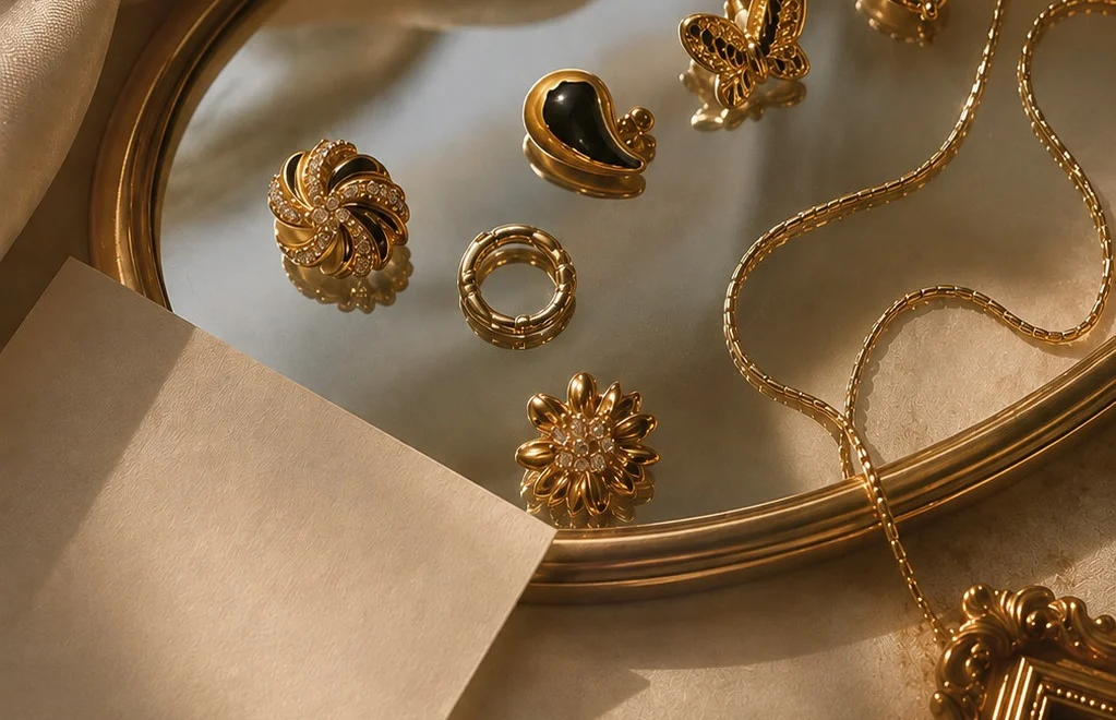 Aretes y anillos en baño de oro sobre un espejo dorado, con una cadena fina